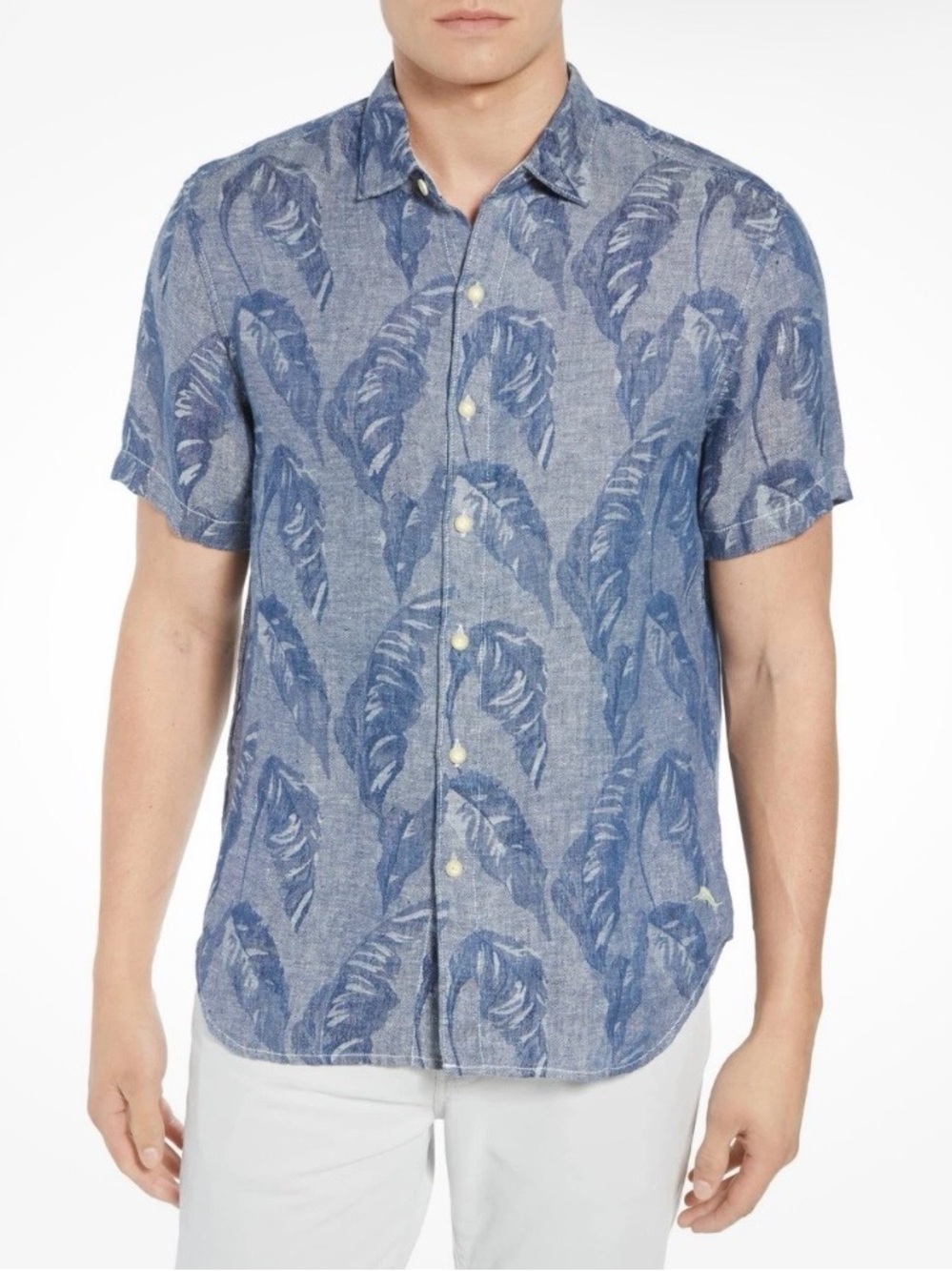 Tommy Bahama 100% Linen Blue Tropical Leaf Camp Shirt Men’s Medium